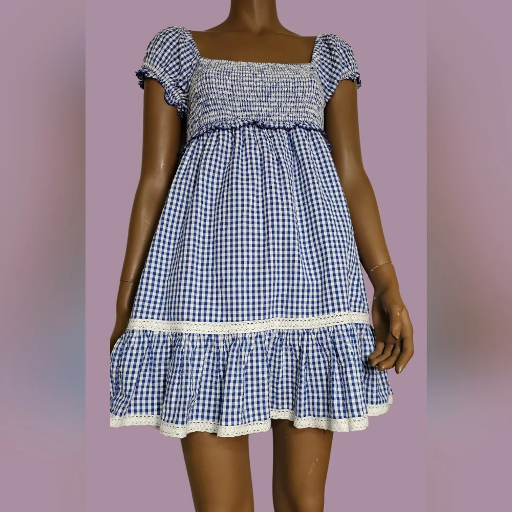 urban outfitters baby doll blue and white checkered mini dress Size S - Picture 4 of 10